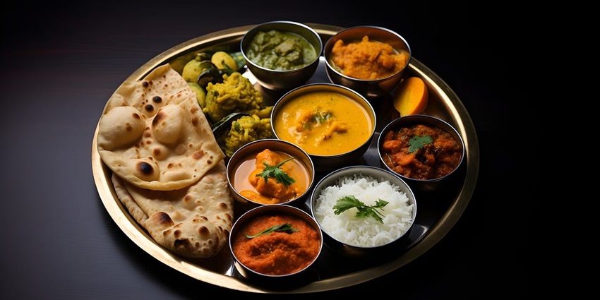 A mouth-watering view of a plate served with different cooked dishes and flatbreads.