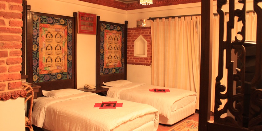The Hotel Manaslu in Kathmandu, Nepal, with its distinctive architecture in the mountains.
