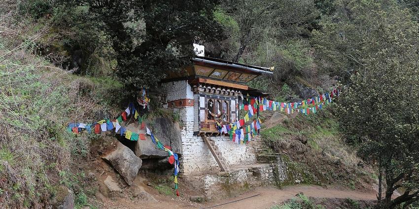 Scenic trail leading up to Tiger Nest Monastery, surrounded by lush greenery and mountain views.