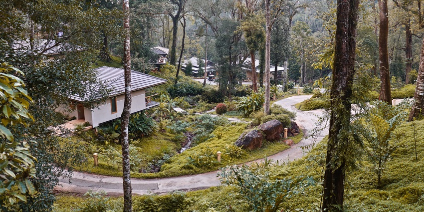 Image of resorts area in Mysore surrounded by lush greenery on the hills and twisty road