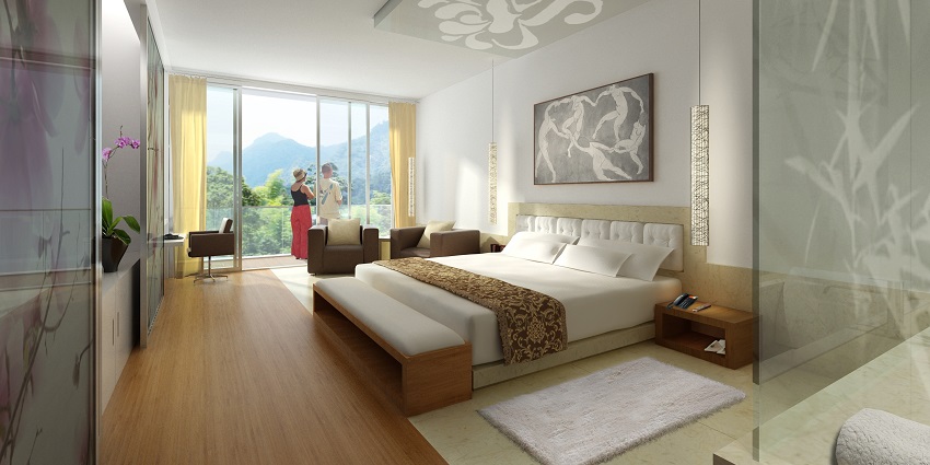 mage of comfortable beds present in a hotel at one of the best tourist attractions near Galtaji Temple.