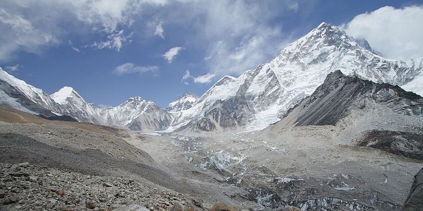 View from Sagarmatha National Park, showing a trekking path winding through a rugged landscape