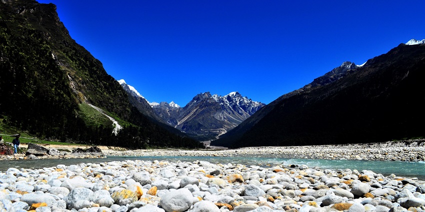 A scenic view of the Yumthang Chu River with tall mountains visible in the background