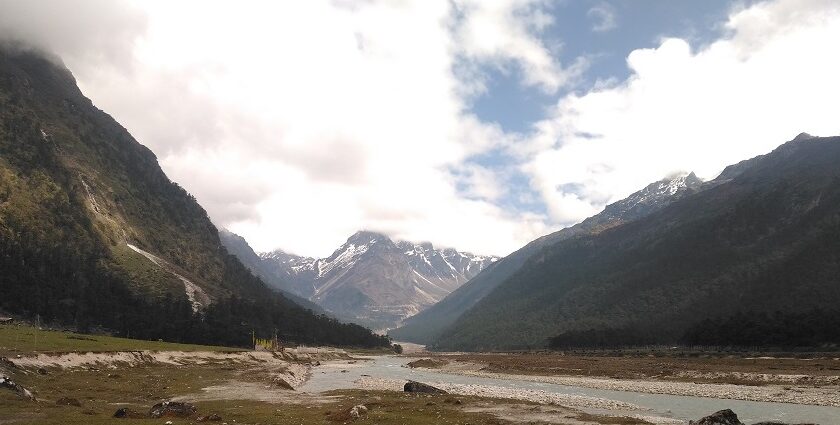 Picturesque view of the Yumthang valley, a stream meandering through the verdant landscapes