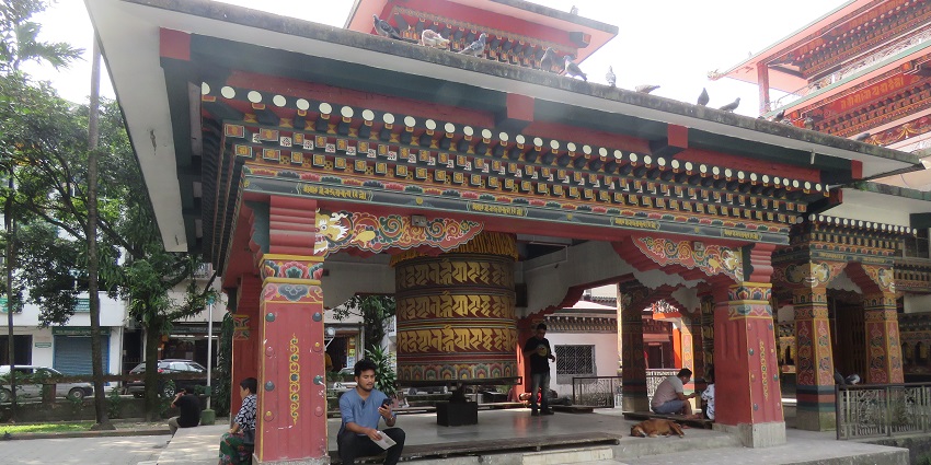 The Zangto Pelri Lhakhang in Phuentsholing, Bhutan, a beautiful location near Kharbandi Monastery, with a vibrant, multicoloured facade.