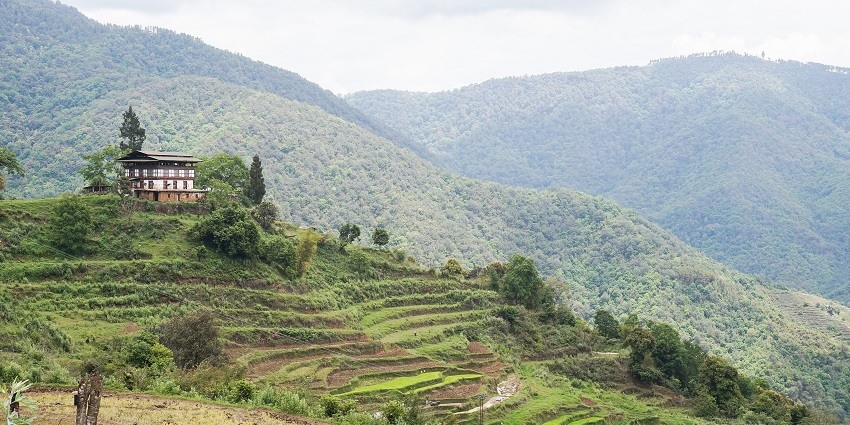 A picturesque landscape of Bhutan, showcasing the region's diverse terrain and natural splendour.