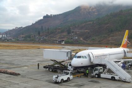 The Drukair Paro Airport, surrounded by mountains, one of the best airports in Bhutan.