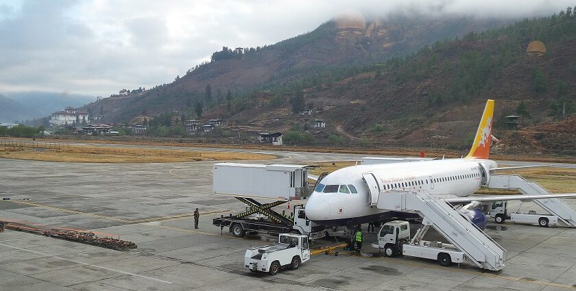 The Drukair Paro Airport, surrounded by mountains, one of the best airports in Bhutan.