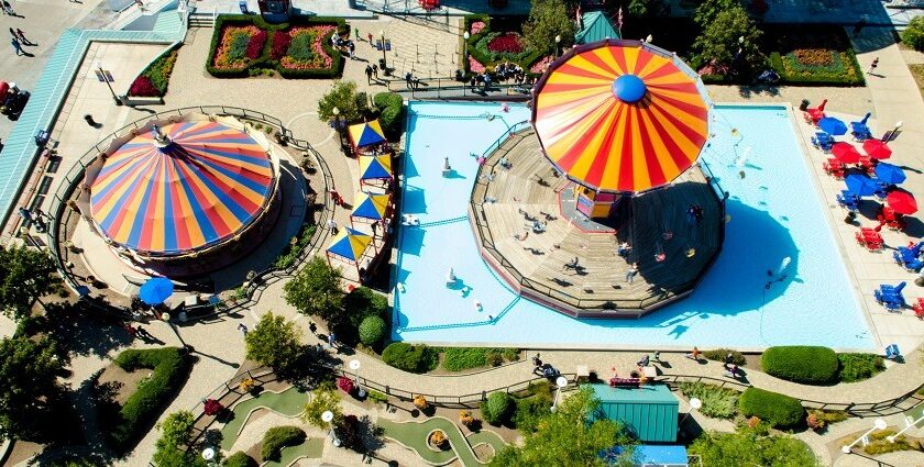 An image showing the bird eye view of a water park in Shimla, featuring fun and a cosy atmosphere