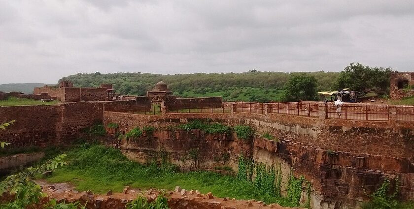 A view of the Ranthambore Fort, perched on a hilltop and surrounded by dense greenery.