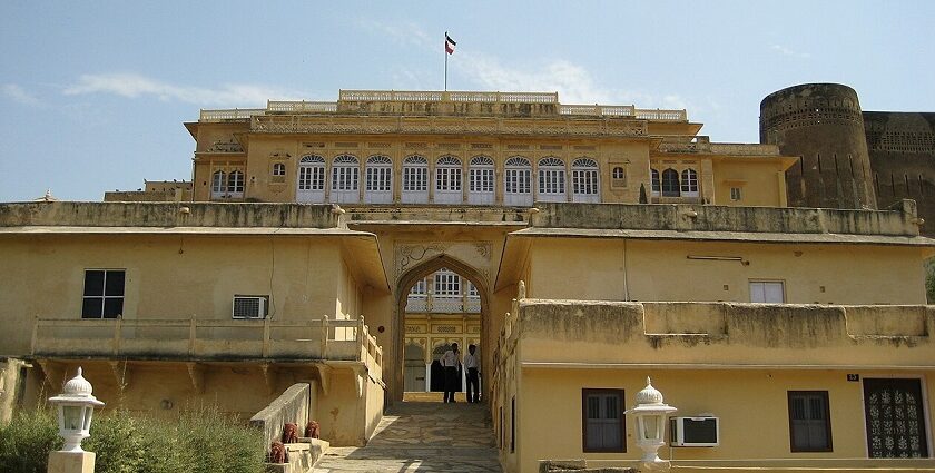 A serene landscape showcasing the serene location of the iconic Roopangarh Fort.