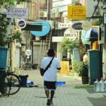 Person walking down a tree-lined sidewalk with dappled sunlight - street food in Khan Market