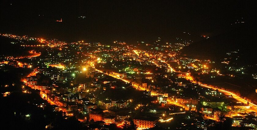 Thimphu nightlife with a night view of the city, highlighting its tranquil and picturesque charm.