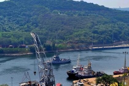 A view of the port and ships docked at Vizag, the only Natural Protected Harbour.