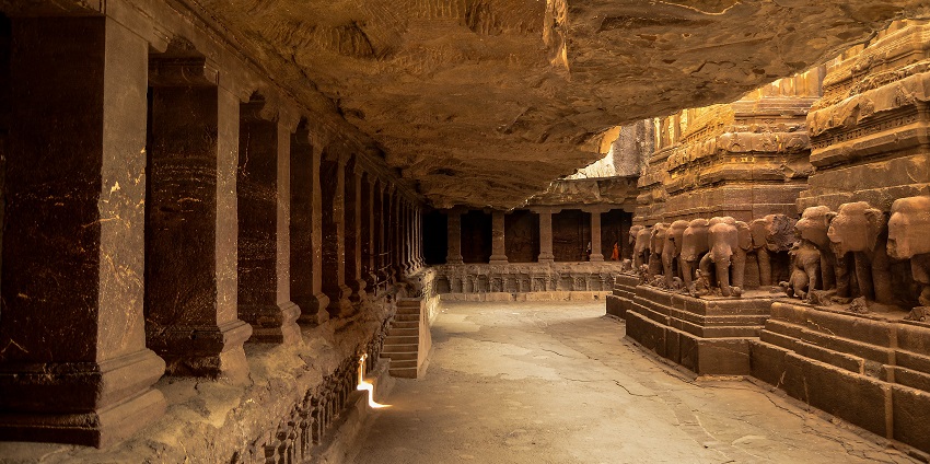 View of the Ekvira Temple, Cave 16, showcasing intricate rock-cut architecture.