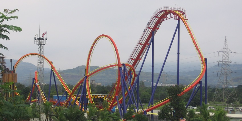 A view of Adlabs Imagica amusement park showcasing its grand entrance with colourful architecture