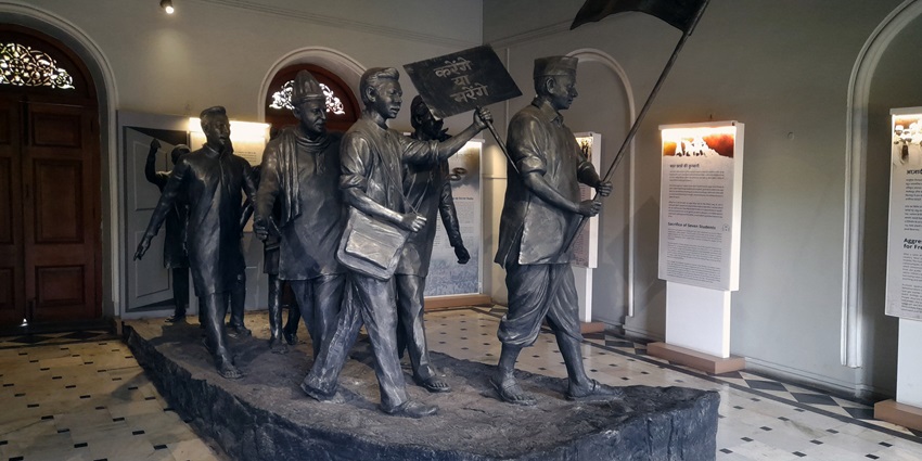Display inside the galleries of the Aga Khan Palace in Pune, showcasing its stunning architecture