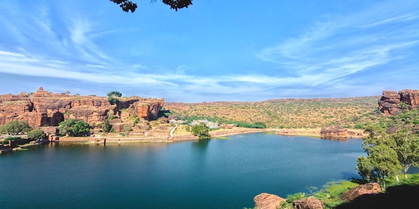 Beautiful view of Agastya Lake, a place to visit near Badami offers pretty views of the region
