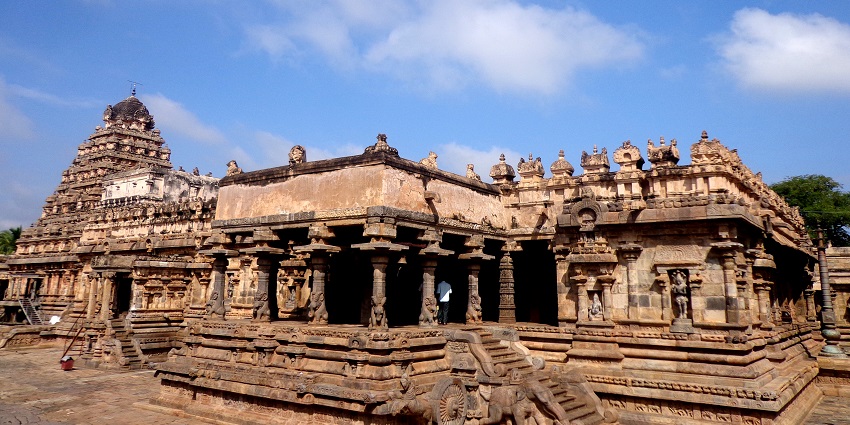 A beautiful view of Airavatesvara Temple in Tamil Nadu, featuring a grand entrance.