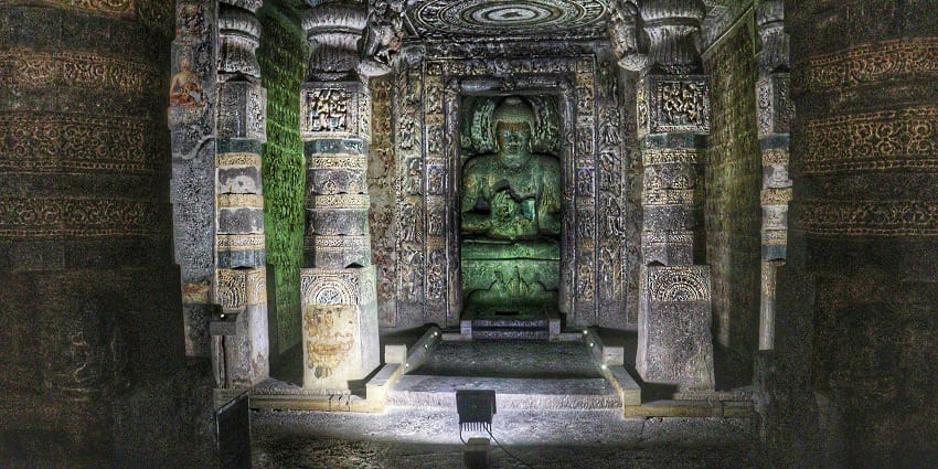 A view of Ajanta Caves, showcasing intricate rock-cut architecture in Maharashtra.