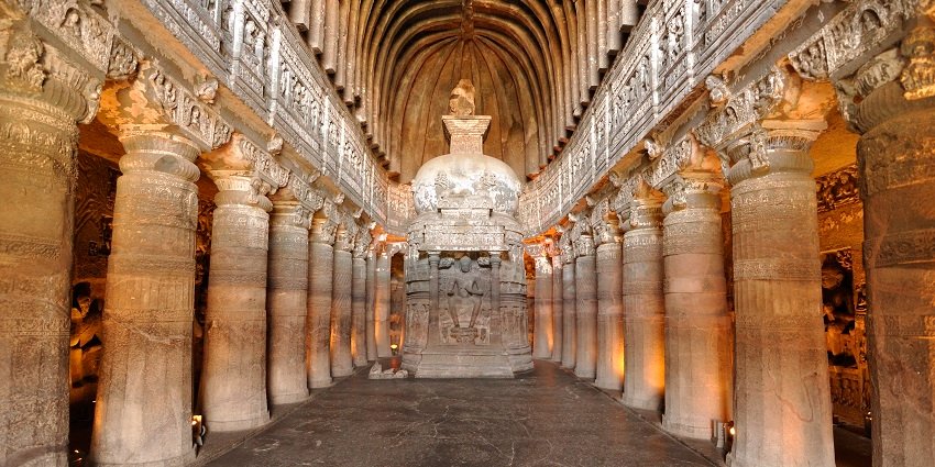 A picture of Ajanta Caves with ancient Buddhist rock-cut paintings and sculptures.