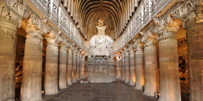 Ajanta Caves, featuring stunning ancient rock-cut Buddhist sculptures and frescoes.