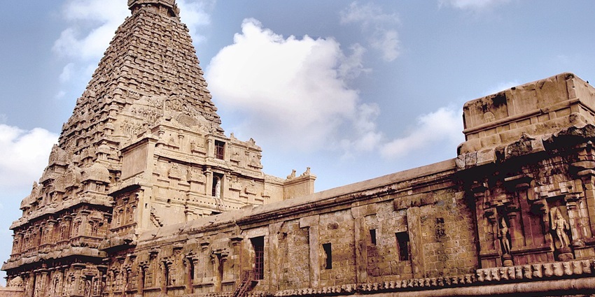 Wide angle view of the intricate architecture of the Alangiyam Karpuranathar Temple.