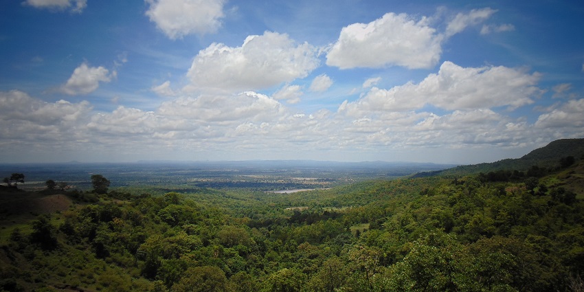 The view of the hill station of Amarkantak with rolling hills and serene temples.