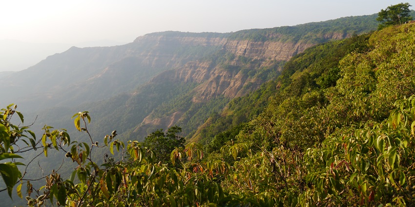 A scenic view of the Western Ghats with lush greenery and a cover of mist, as seen from Amboli
