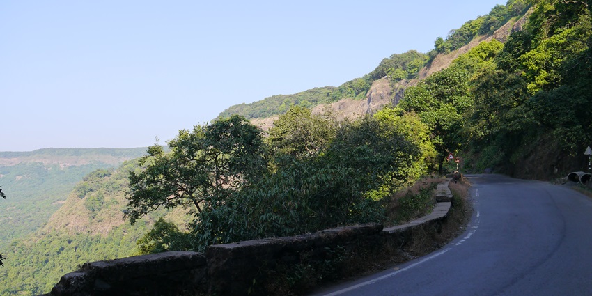 View of road to the Amboli Ghat - surrounded by lush green hills and twisty road