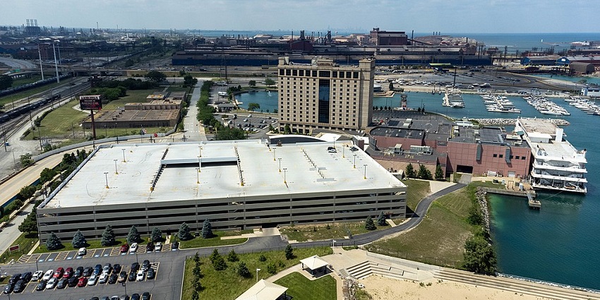 A drone shot of Ameristar Casino East Chicago near Davenport, Iowa