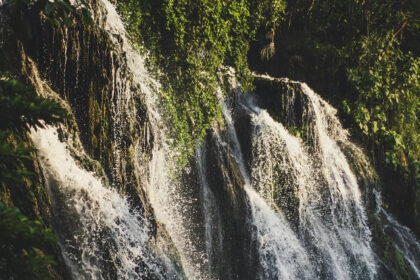 A view of shimmering waters cascading down from the rocky cliffs decked with greenery.