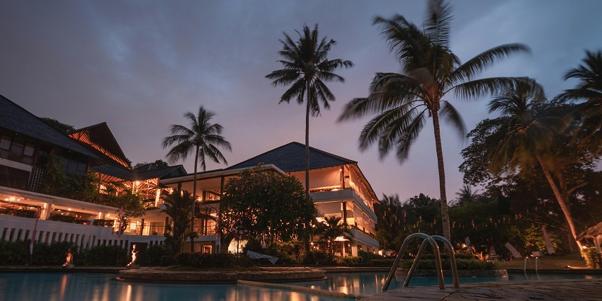 Beautiful palm trees illuminated at night, creating a tropical atmosphere