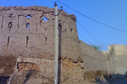 Anupgarh Fort’s sandstone walls rise against a clear blue sky with two people outside.