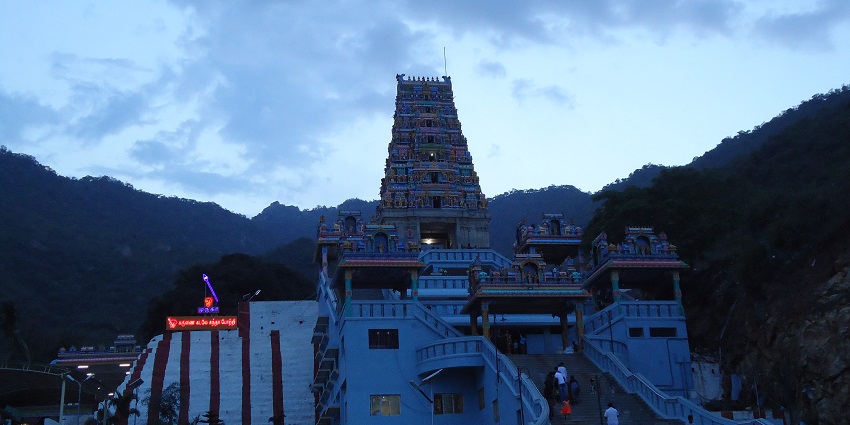 The temple near Adiyogi temple standing tall in the twilight hours.