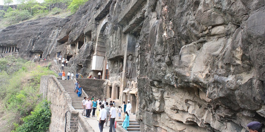 Aurangabad Caves feature ancient rock-cut caves showcasing exquisite Buddhist art.