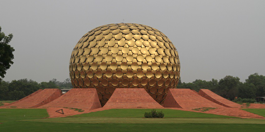 View of the Matrimandir in Auroville, one of the famous Pondicherry tourist places.