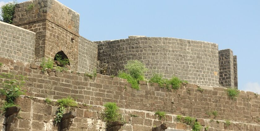 View of a bastion from the ground at Ausa Fort, showcasing its historic structure.