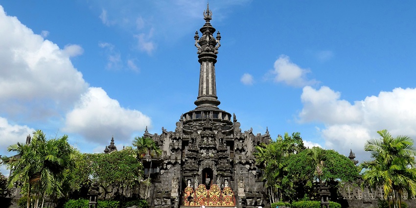 Back view of Bajra Sandhi Monument and surrounding garden in Denpasar City, Bali.