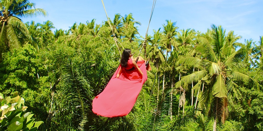 A lady sitting on the Bali Swing with a tropical view of coconut trees on a clear sunny day