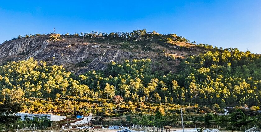 A scenic vista of a majestic mountain dotted with lush green vegetation in Karnataka.