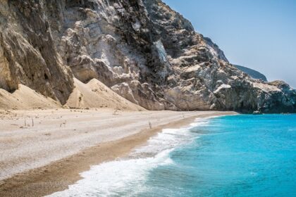 A beautiful beach scene with clear blue water, soft white sand, and a vibrant green island in the background.