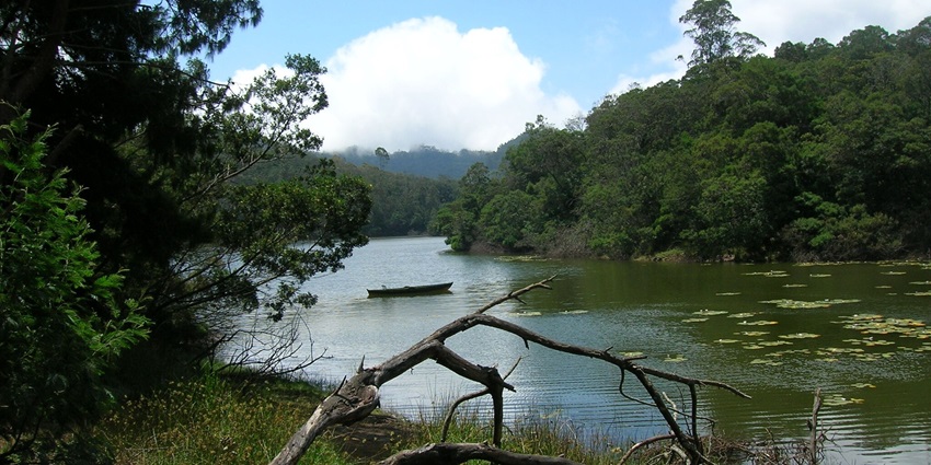 Berijam Lake, surrounded by dense green hills, a popular tourist place in Kodaikanal.