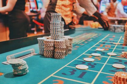 A glimpse of poker cards and tokens being displayed on a green table for playing.