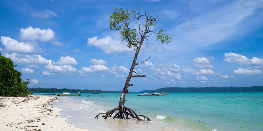 A beautiful view of the of the waters in a cloudless at Bingin Beach.