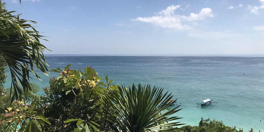 Panoramic aerial view of the beautiful Padang Padang Beach amidst the trees