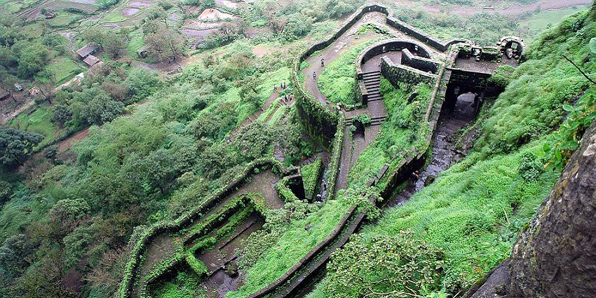 View of the Gahrouri fort at from the top with walls amidst lush landscapes