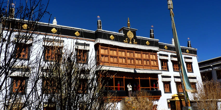 A picture of the Sankar Monastery taken from behind a tree