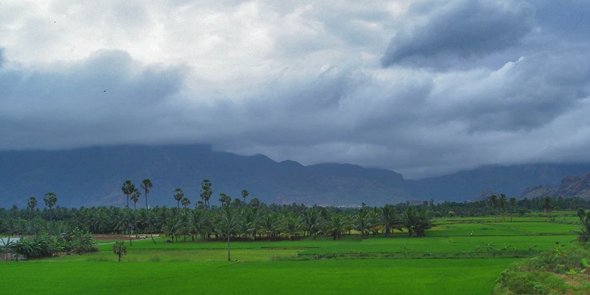 Pleasant view of Nagercoil town during monsoon season near Ulakkai Aruvi Waterfalls.