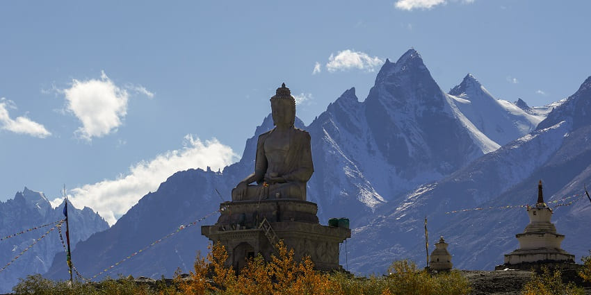 Beautiful image of the Buddha Karsha Zanskar valley with the clear background of the Himalayas